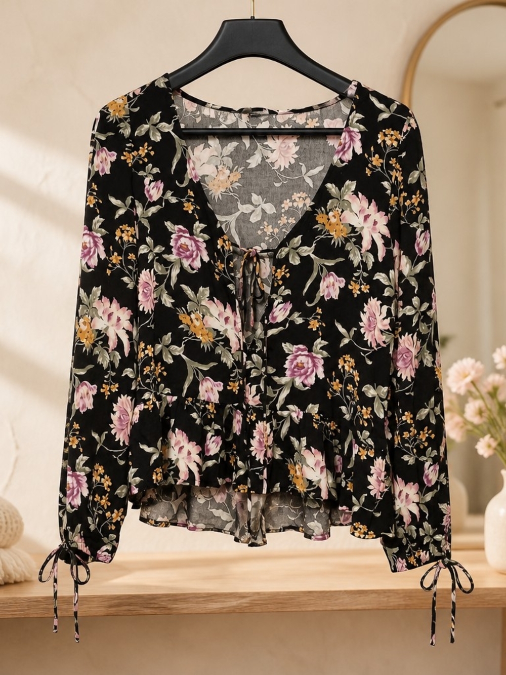 American Eagle Floral Print Blouse with Tie Front